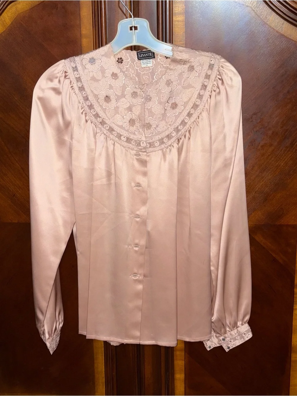 Women's Blush Pink Silk Button-Front Blouse with Lace and Scarf